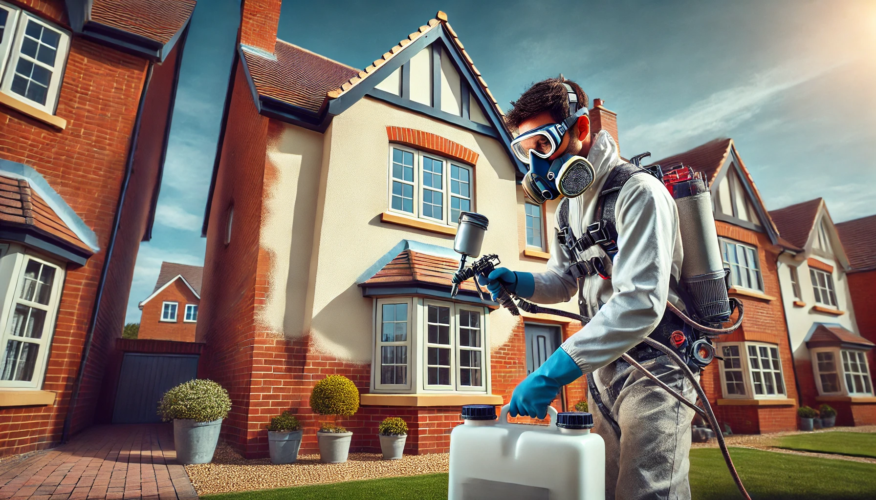 A-professional-worker-spraying-textured-wall-coatings-on-the-exterior-of-a-rendered-house-in-England.-The-house-features-typical-British-architecture.